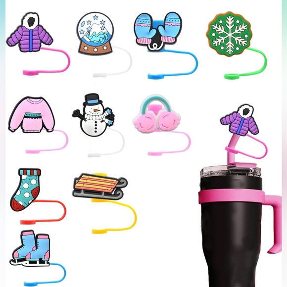 10PCS 7-8mm Straw Caps Covers Reusable, Winter Pattern - Picture 1 of 2
